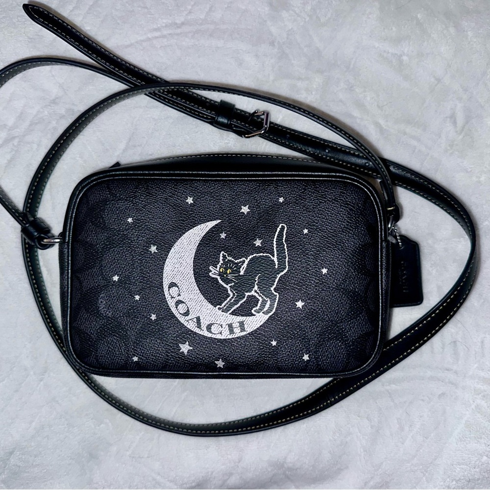 Coach Mini Jamie Camera Bag Halloween Black Cat and Moon Signature Canvas Black